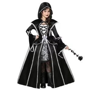 Gothic Enchantress Gown Girls Halloween Black Silver Lace-Up Dress Sz M (8-10)